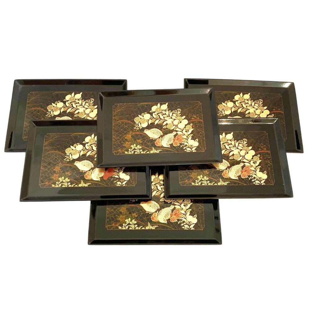 Vintage Otigiri Japan Black Lacquer Trays (6) Golden Foil Partridge Birds Asian